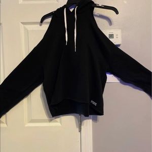 cropped shoulder cut hoodie